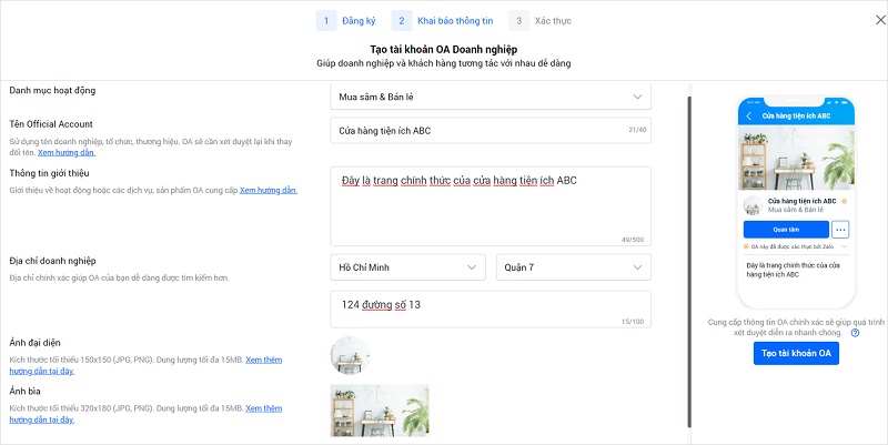 Điền thông tin cơ bản để xác thực Zalo OA