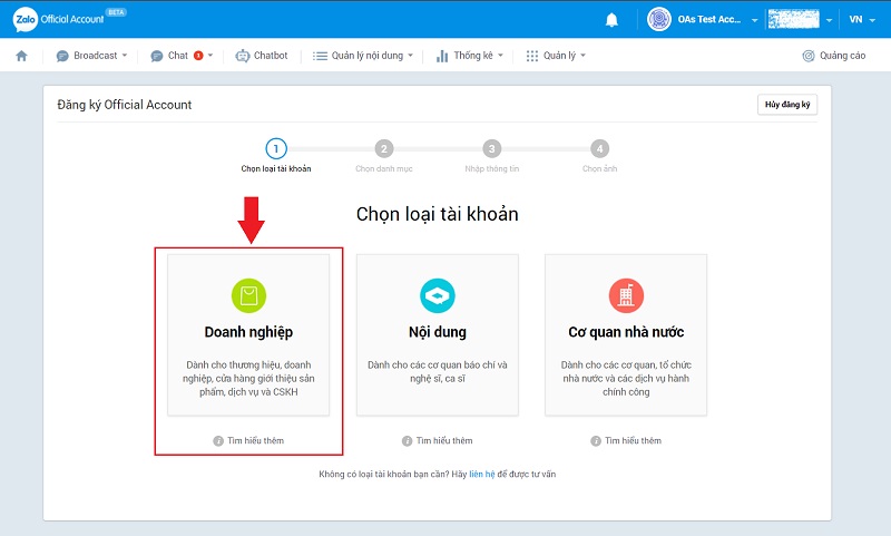 Chọn một trong 3 loại tài khoản mà Zalo OA đang hỗ trợ
