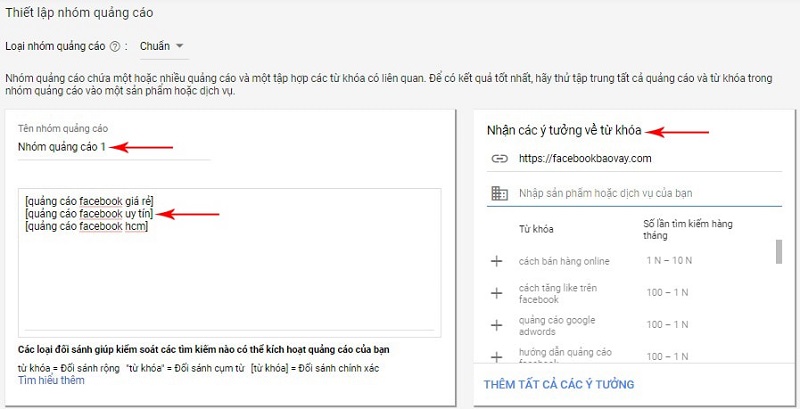 Lựa chọn về keyword quảng cáo