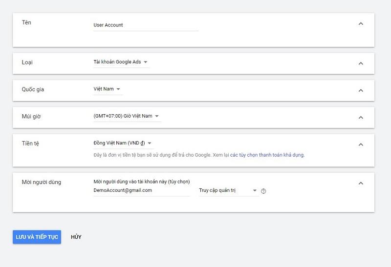 Nhập thông tin đăng ký tài khoản Google Ads