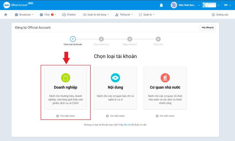 Chọn mục doanh nghiệp để phù hợp với mục đích bán hàng qua Zalo
