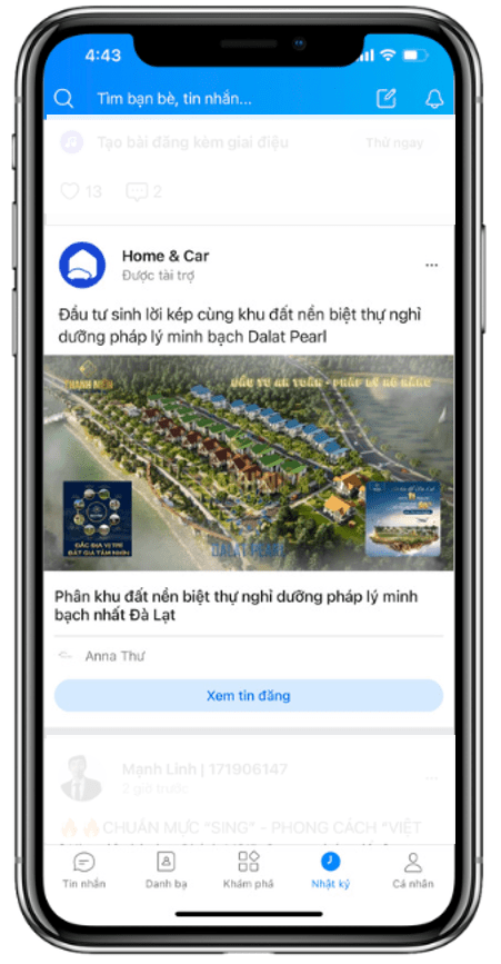 Quảng cáo xuất hiện trên Zalo Newsfeed 