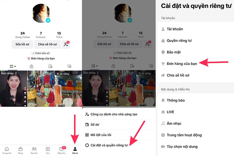 2. Theo dõi quá trình giao hàng TikTok Shop qua phần Hồ sơ