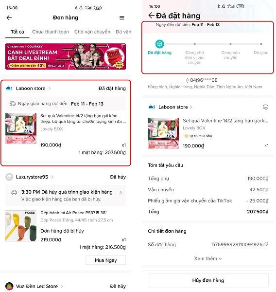 6. Chọn Cập nhật về cửa hàng và xem thông tin về quá trình giao hàng TikTok Shop