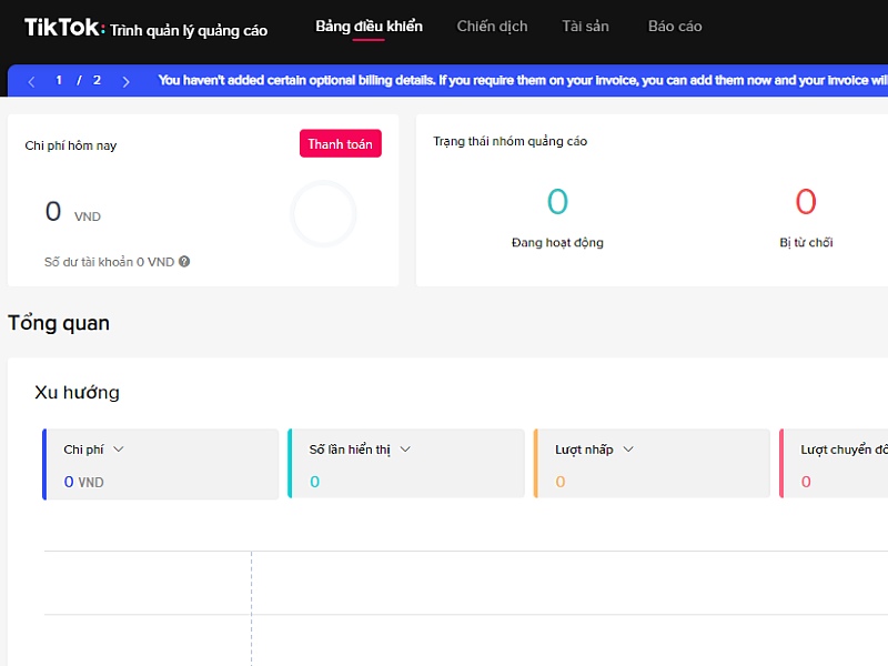 Bảng điều khiển Dashboard trình quản lý quảng cáo Tiktok