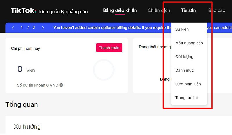 Tài sản (Assets) là nơi bạn có thể dễ dàng quản lý, tạo mới cũng như đo lường các yếu tố tạo nên quảng cáo