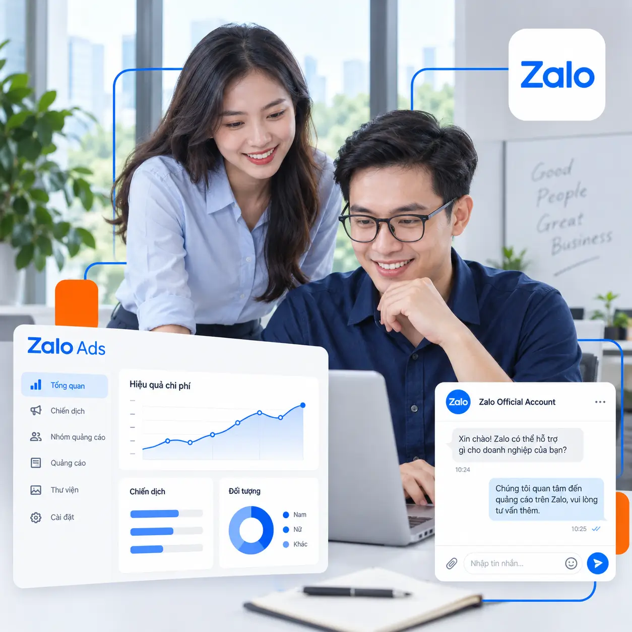 Đội ngũ Zafago tư vấn quảng cáo Zalo cùng giao diện chiến dịch minh họa