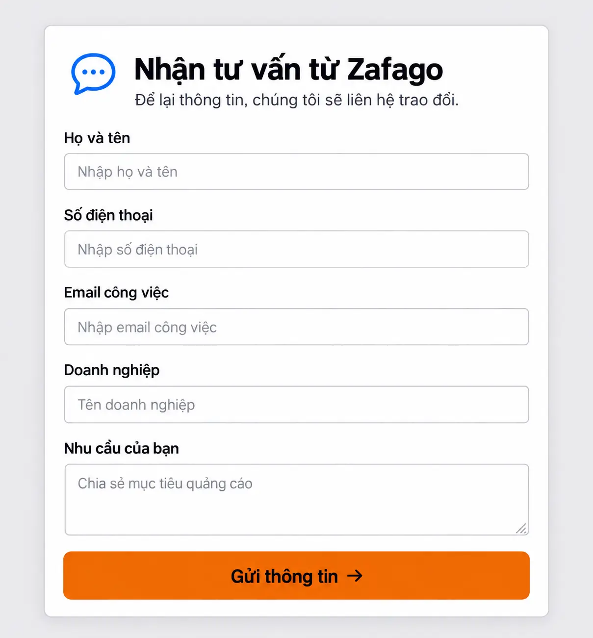 Giao diện form đăng ký tư vấn dành cho khách hàng doanh nghiệp