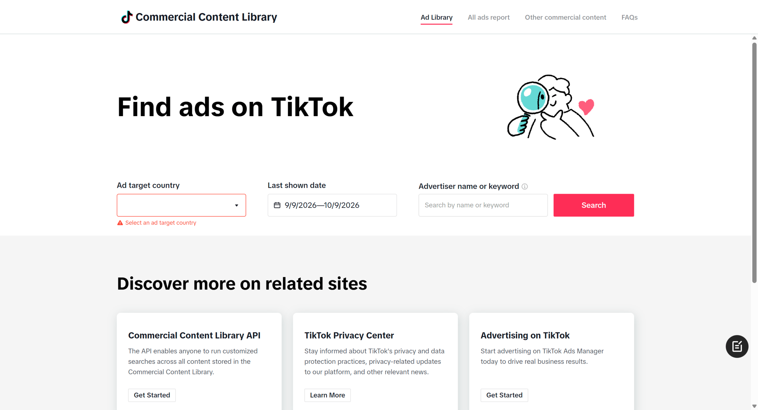 Thư viện quảng cáo - giao diện Commercial Content Library