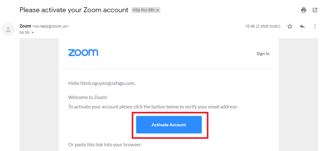 Chọn email của Zoom meeting để xác nhận tài khoản phần mềm Zoom Meeting
