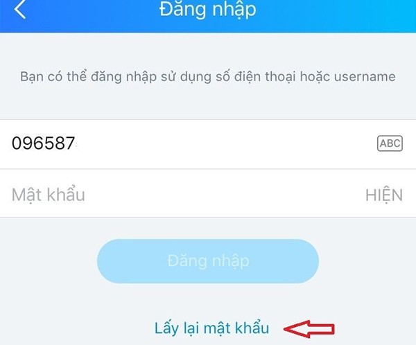 Lựa chọn mục lấy lại mật khẩu