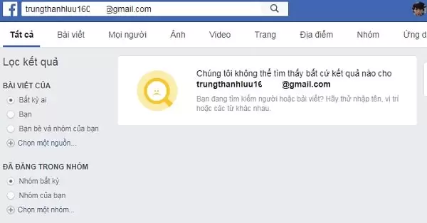 Ví dụ về việc tìm Facebook qua Gmail