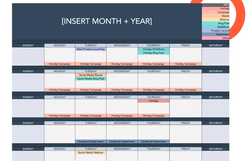 Mẫu Social Media Calendar từ file Excel của Hubspot
