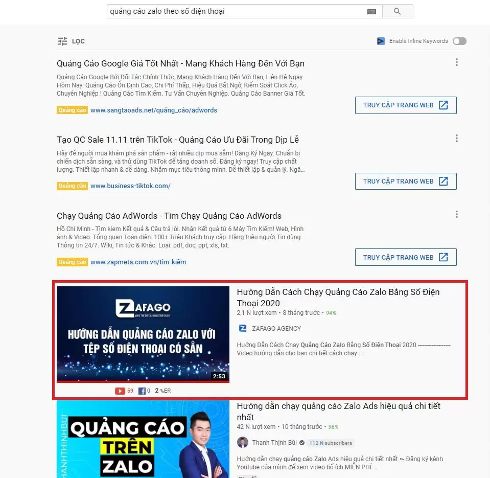 bảng kết quả tìm kiếm youtube