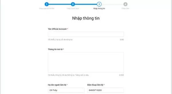 Điền đầy đủ thông tin Tên Official Account