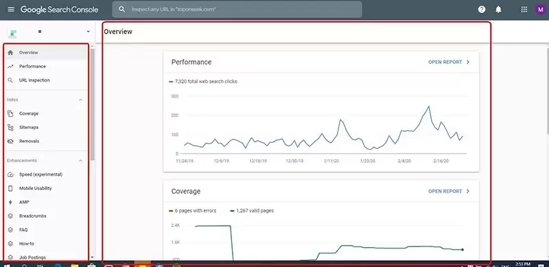 Hình ảnh về bảng điều khiển có trong webmaster tool